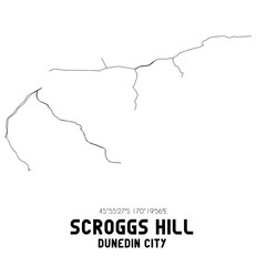 Scroggs Hill, Dunedin City, New Zealand. Minimalistic road map with black and white lines