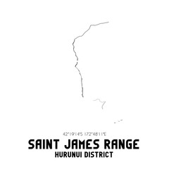 Saint James Range, Hurunui District, New Zealand. Minimalistic road map with black and white lines