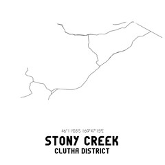 Stony Creek, Clutha District, New Zealand. Minimalistic road map with black and white lines