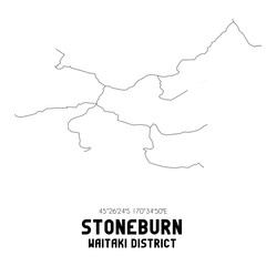 Stoneburn, Waitaki District, New Zealand. Minimalistic road map with black and white lines