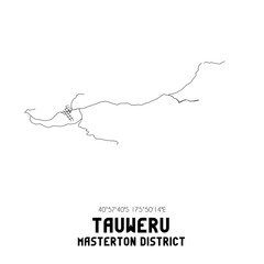 Tauweru, Masterton District, New Zealand. Minimalistic road map with black and white lines