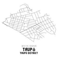 Taupo, Taupo District, New Zealand. Minimalistic road map with black and white lines