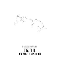Te Tii, Far North District, New Zealand. Minimalistic road map with black and white lines