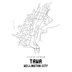 Tawa, Wellington City, New Zealand. Minimalistic road map with black and white lines