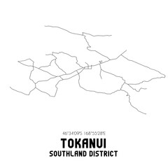 Tokanui, Southland District, New Zealand. Minimalistic road map with black and white lines