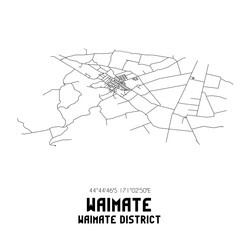 Waimate, Waimate District, New Zealand. Minimalistic road map with black and white lines