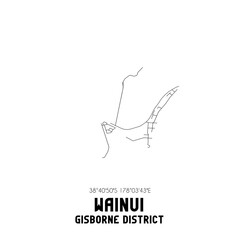 Wainui, Gisborne District, New Zealand. Minimalistic road map with black and white lines