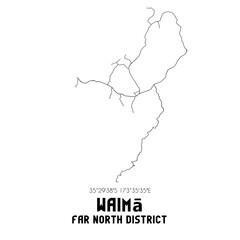 Waima, Far North District, New Zealand. Minimalistic road map with black and white lines