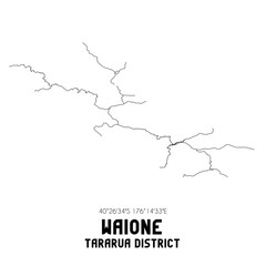 Waione, Tararua District, New Zealand. Minimalistic road map with black and white lines