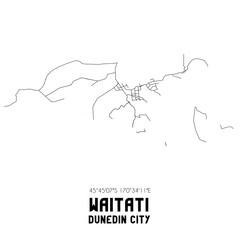 Waitati, Dunedin City, New Zealand. Minimalistic road map with black and white lines