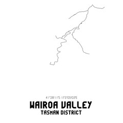 Wairoa Valley, Tasman District, New Zealand. Minimalistic road map with black and white lines