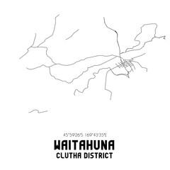 Waitahuna, Clutha District, New Zealand. Minimalistic road map with black and white lines