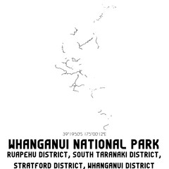 Whanganui National Park, Ruapehu District, South Taranaki District, Stratford District, Whanganui District, New Zealand. Minimalistic road map with black and white lines