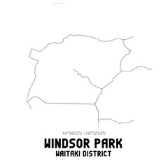 Windsor Park, Waitaki District, New Zealand. Minimalistic road map with black and white lines