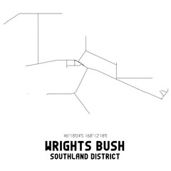 Wrights Bush, Southland District, New Zealand. Minimalistic road map with black and white lines