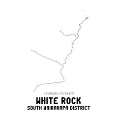 White Rock, South Wairarapa District, New Zealand. Minimalistic road map with black and white lines