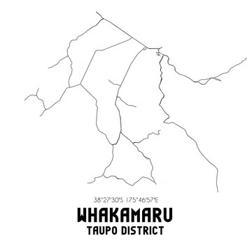 Whakamaru, Taupo District, New Zealand. Minimalistic road map with black and white lines