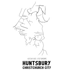 Huntsbury, Christchurch City, New Zealand. Minimalistic road map with black and white lines