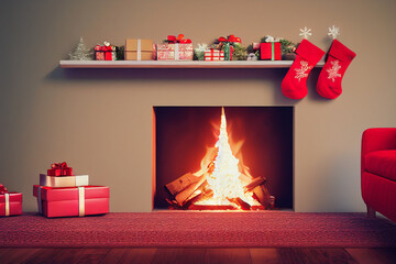 Fireplace and Xmas present gifts, red sofa