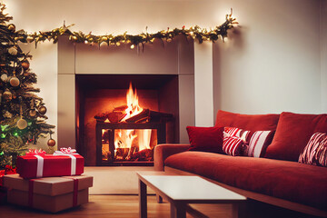 Fireplace fireplace, Christmas tree, balls, Xmas present gifts, red sofa