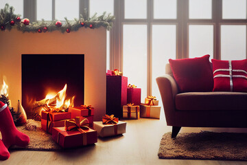 Fireplace fireplace and festive globes Xmas present gifts, grey sofa