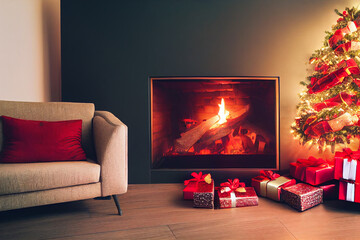 Festive fireplace, Christmas tree, Xmas present gifts, white sofa