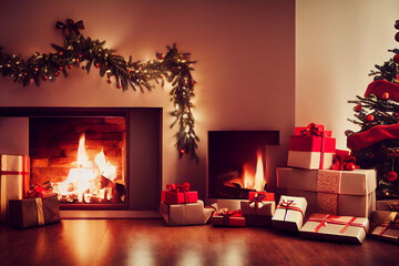 Festive mantel and fireplace, Christmas tree, balls, Xmas present gifts, 