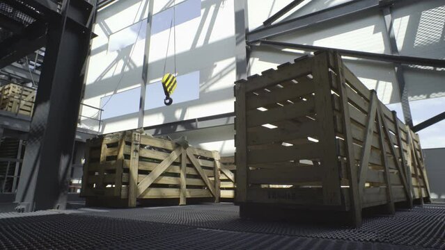 Warehouse Storage with Big Cargo Wooden Boxes with Equipment. Lifter Crane. Military Fragile Technic.