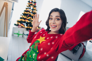 Photo of cheerful lady blogger recording story send greeting congratulation followers friends enjoy...
