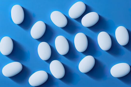 White pills from plastic medicine bottle on blue background with copy space. Medicine and health concept. 3d rendering.