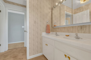 Bathroom with carpet and wallpaper