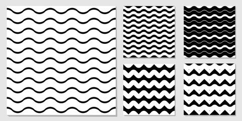 Set geometric seamless patterns. Black and white templates, vector illustration.