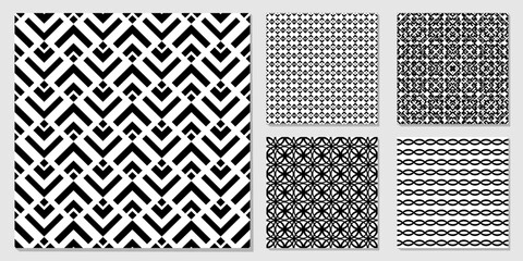 Set geometric seamless patterns. Black and white templates, vector illustration.