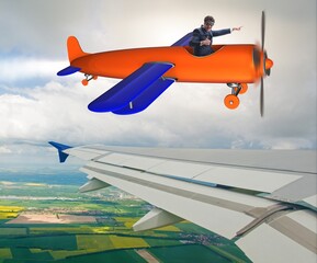 Businessman flying on vintage old airplane