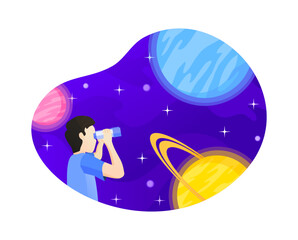 Astronomy Boy with Binocular Look at Starry Sky and Planets Science Education Cartoon Vector Illustration