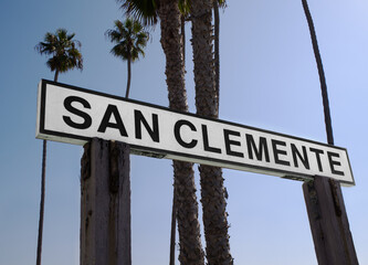 San Clemente town sign near the San Clemente Pier in Orange County, California, USA