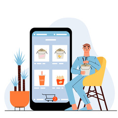 Mobile application for ordering food. Man orders wok online. 