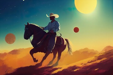 cowboy riding a horse against sun sky with planets background, digital art style, illustration painting