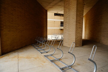 Empty bicycle racks within a city