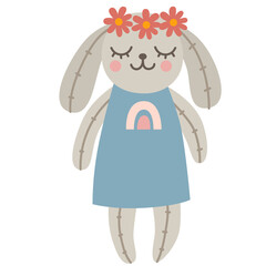Cute boho bunny toy. Print for nursery decor. Scandinavian style kids room decoration.