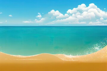 Fototapeta na wymiar Sea beach landscape. Cartoon summer sunny day, ocean view horizontal panorama, water sand and clouds. illustration beach vacation background