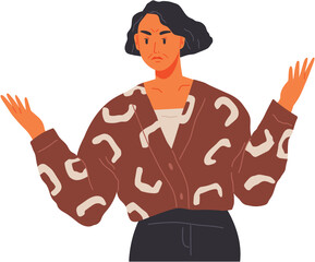 Woman is angry. Discontent. Vector disgruntled female character in cartoon style with emotional hand gestures. Anger, agression, stress, depression, nervous breakdown, business concept, furious person
