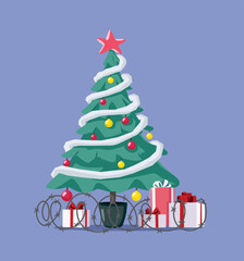 Christmas Tree with presents Protected by Barbed Wire Vector Cartoon. Greedy person setting limits to his presents with a fence 
