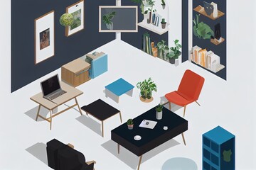 Isometric home office in HOME alphabet shape, concept of work from home, goal of life, Work Life Balance with furniture used in daily life. in white and wood tones, 3D rendering and illustration.
