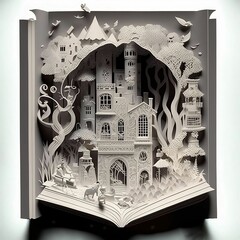 Multidimensional Paper Quilling Castle Fantasy World Popping Off The Pages Of A Book Illustration in Neutral Colors | Created using Midjourney and Photoshop
