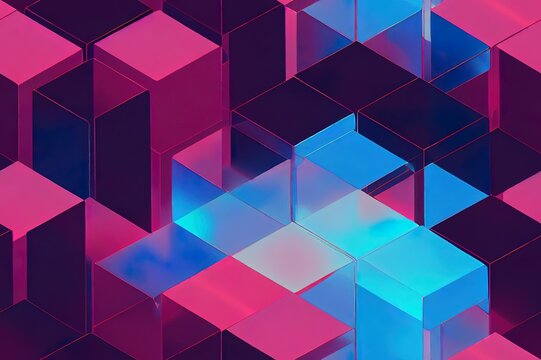 Seamless 80s holographic pink and blue plastic jelly plexiglass isometric square geometric cubes background texture. Iridescent abstract neon webpunk vaporwave aesthetic surreal pattern. 3D rendering