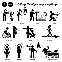 Stick figure human people man action, feelings, and emotions icons alphabet P. Prick, primp, print, prise, prioritize, probe, proceed, process, proclaim, and procrastinate.