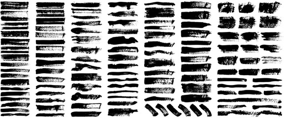 Set of different abstract shapes, smears and prints. Black design elements isolated on white background. Seamless pattern for creating style. Decoration template, brush strokes for design styling