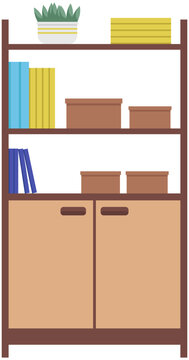 Filing cabinet for document storage with folders and boxes. Cupboard with shelves for home interior isolated on white. Wooden rack with shelves, drawers with handles. Office or home furniture.