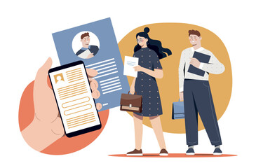 New team recruiting. Man and woman with documents go for interview. Candidates for vacancy, talented young professionals. Business processes, HR manager concept. Cartoon flat vector illustration - obrazy, fototapety, plakaty